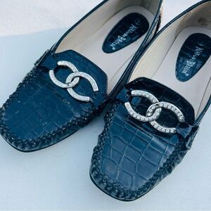Black Patent Faux Leather Crocodile Flat Loafer, Silver Buckle Size 8